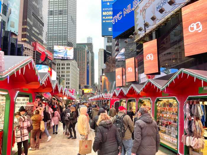 Pop-up Holiday market located in Times Square, New York City for residents and tourists to shop for holiday gifts and New York City souvenirs.