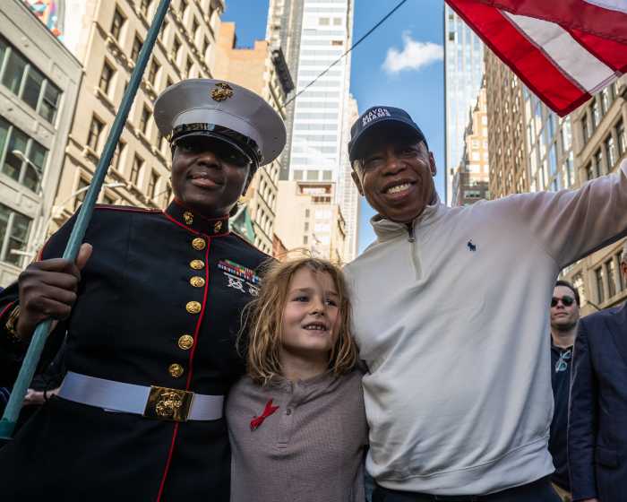Mayor Eric Adams marches in the 2-2024 Veterans Day Parade.