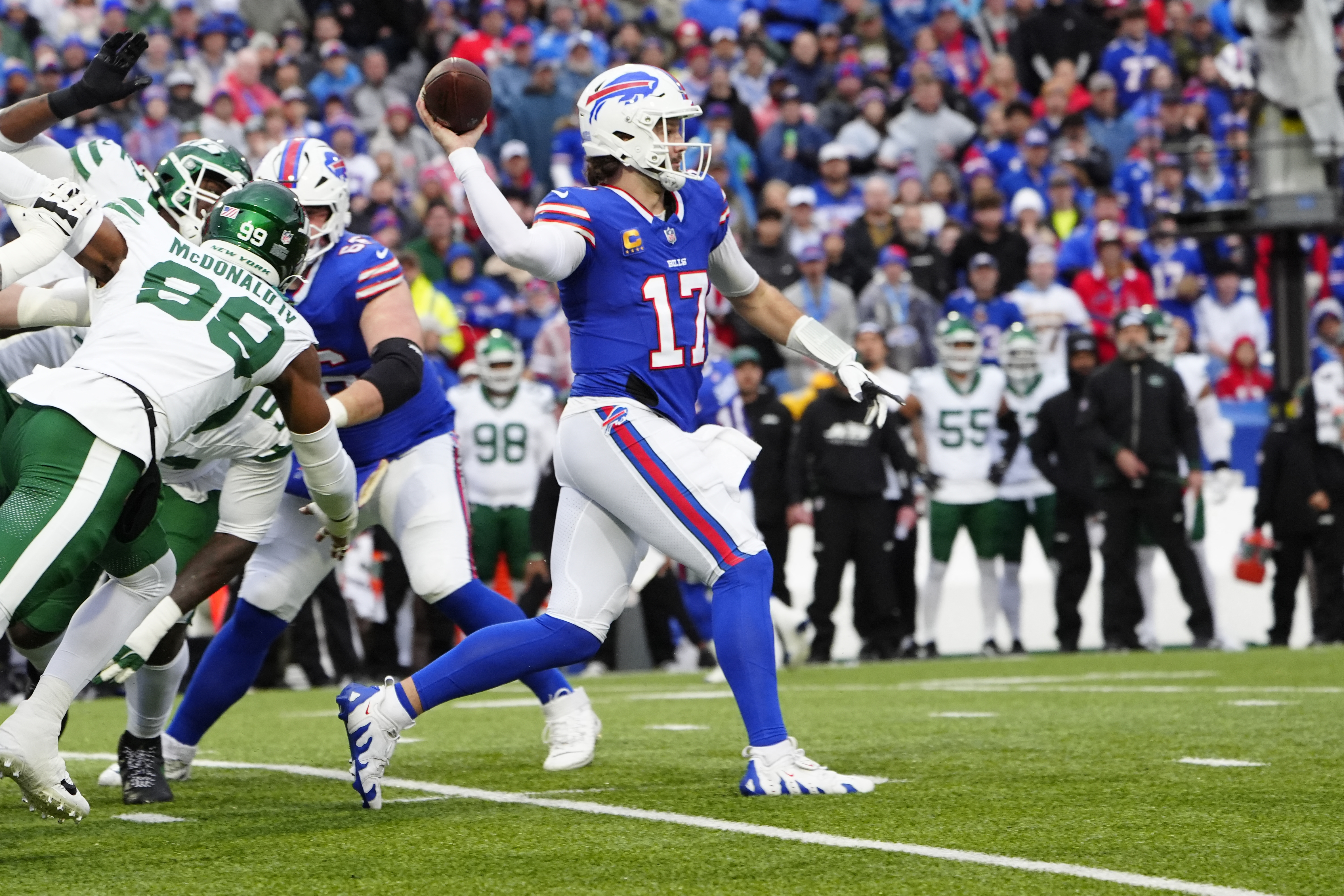 NFL Week 1 sports betting: Delving into Giants, Jets, Bills season openers 3 Dec 29, 2024; Orchard Park, New York, USA; Buffalo Bills quarterback Josh Allen (17) throws the ball against the New York Jets during the first half at Highmark Stadium. Mandatory Credit: Gregory Fisher-Imagn Images