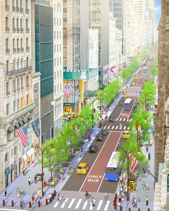 Rendering of traffic flow on the redesigned Fifth Avenue between Bryant and Central Parks.