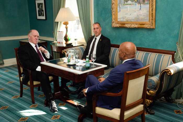 New York City Mayor Eric Adams meets with President-elect Donald Trump’s incoming border czar Tom Homan and President Joe Biden’s Department of Homeland Security Official Kenneth Genalo at Gracie Mansion in New York on Dec. 12.