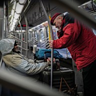 SOS Staten Island: State program battling homelessness set to hit borough's ferry and railway 3 Guardian Angels Founder Curtis Sliwa with a homeless man on board a subway train at the Coney Island-Stillwell Avenue station on Dec. 29, 2024.