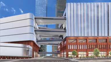 Rendering shows a north-facing view of the ramp building connected to the proposed bus staging facility at 39th Street and 10th Avenue.