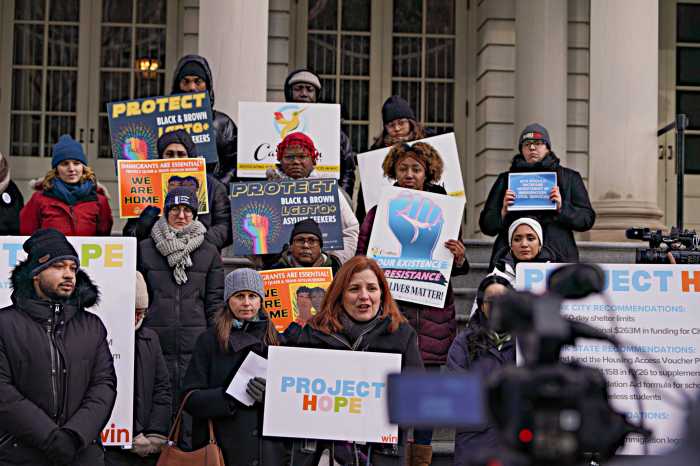 CEO of WIN Christine Quinn stood alongside fellow service providers and homeless and immigrant rights advocates on the steps of City Hall in January 2025 and denounced President-elect Trump’s promise of mass deportations and cuts to shelters and other social services allegedly a part of what has become widely known as Project 2025.