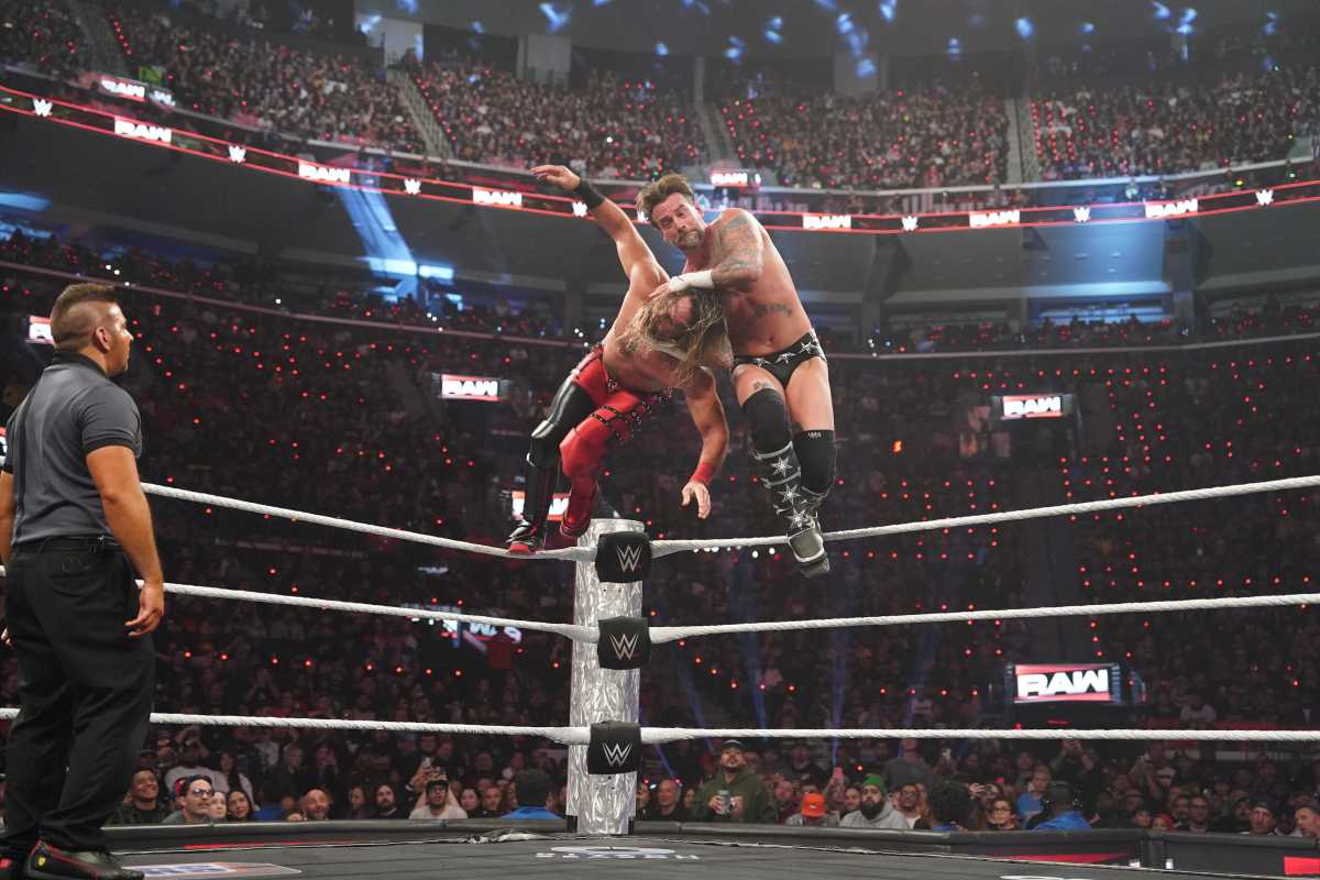 INGLEWOOD, CALIFORNIA - JANUARY 06: CM Punk and Seth Rollins in action during Monday Night RAW at Intuit Dome on January 6, 2025 in Inglewood, California.