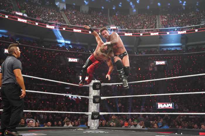 INGLEWOOD, CALIFORNIA - JANUARY 06: CM Punk and Seth Rollins in action during Monday Night RAW at Intuit Dome on January 6, 2025 in Inglewood, California.