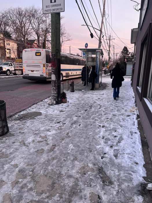 Out in the cold: City and state agencies play blame game as Staten Island express bus stops remain dangerously icy 2 Staten Island express bus driving and an icy sidewalk