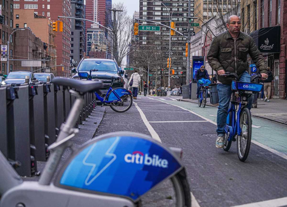 Riding a CitiBike on 2nd Avenue near East 30th Street on Jan. 12, 2025.
