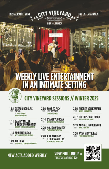 Beating the winter blues: Events to help New Yorkers embrace the chilly season 5 City Vineyard pairs their intimate shows with a new menu of food and drinks that can be enjoyed before, during, and after the shows.