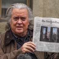 Steve Bannon pleads guilty felony to online fraud in 'Build the Wall' fundraiser, wants his political enemies investigated 11 Steve Bannon holding up newspaper