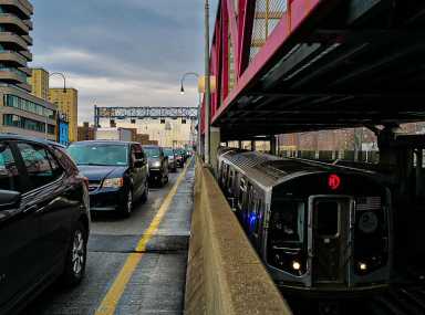 Congestion pricing toll gantries Williamsburg Bridge in Manhattan