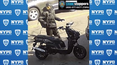 The NYPD is looking for a suspect who stabbed a man, pictured with a black motorized scooter, in Brooklyn during a fight.