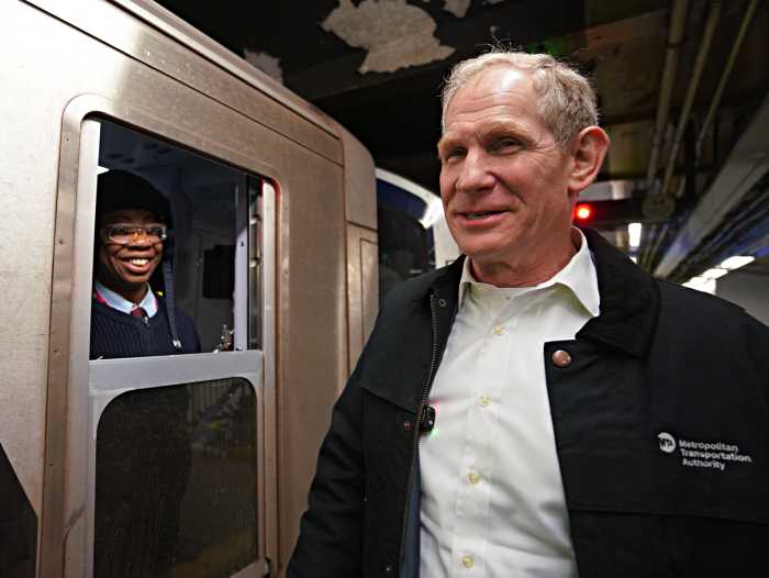 MTA Chair and CEO Janno Lieber greeting a subway conductor