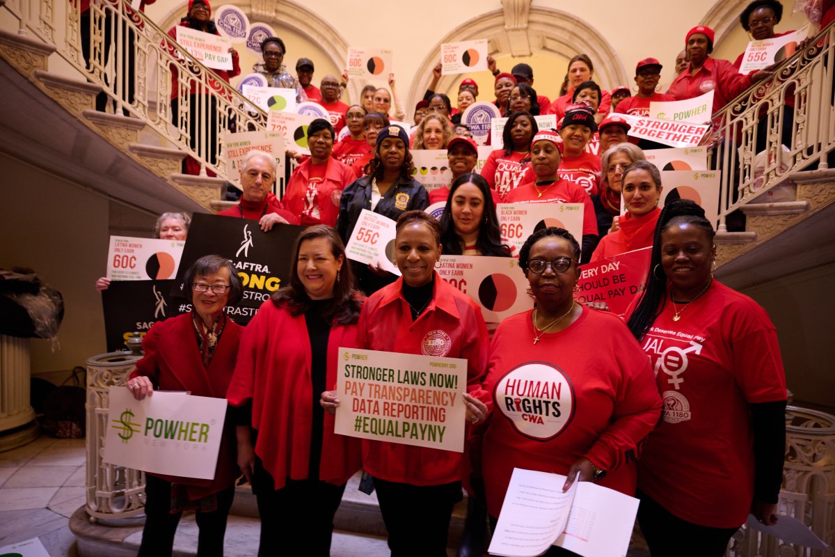 Pols and reps from CWA Local 1180 and PowHerNY rallied at City Hall on Equal Pay Day.