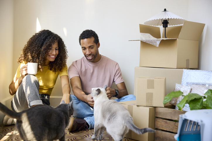 Smiling mid adult couple sitting with cats by stack of boxes. Man and woman are taking break from relocation. They are at new home.