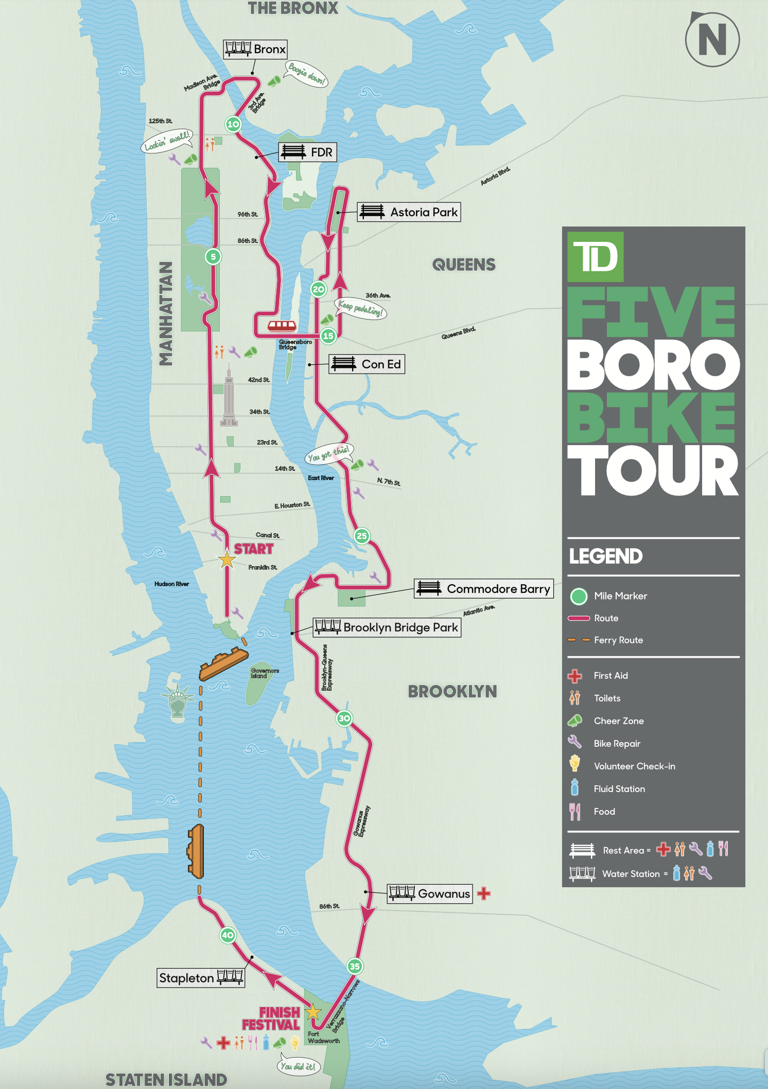 TD Five Boro Bike Tour through NYC: What you need to know about the Big Apple's biggest cycling event 2 Map of NYC showing the route of the Five Boro Bike Tour in NYC.