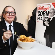 Bobby Grossman holding box of Corn Flakes with Andy Warhol image