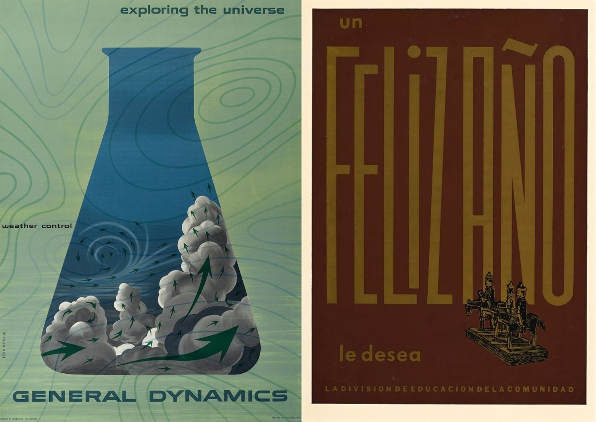Posters from Poster House's Fallout: Atoms for War & Peace (left) and Puerto Rico in Print: The Posters of Lorenzo Homar (right) exhibitions.