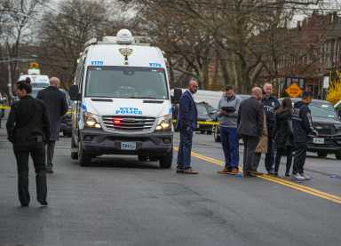 Police officers in Brooklyn shot and seriously injured a man who allegedly attacked several children with a meat cleaver in an apparent domestic dispute on Sunday morning, sources familiar with the investigation said.