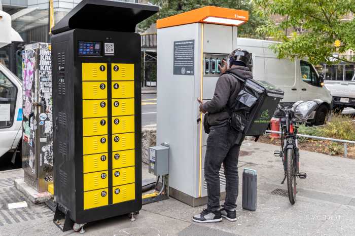 an e-bike battery charging cabinet, one of others that will be allowed on NYC sidewalks with approval