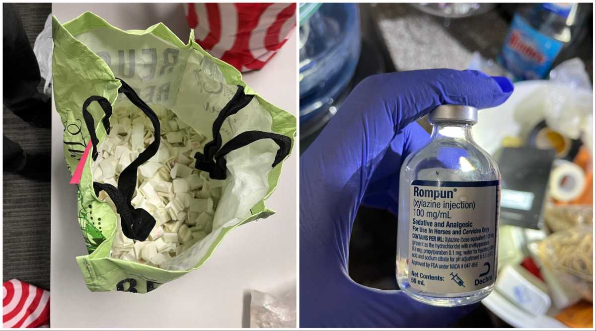 Officers recovered more than 8,000 filled glassine envelopes of fentanyl mixtures (L) and three bottles of veterinary-grade xylazine labeled with the commercial brand name Rompun inside the Inwood apartment