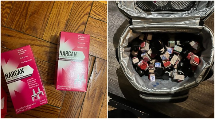 Recovered: Narcan and stamps used for branding glassines with names such as “Toy Story” and “Mayo.”
