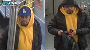 Security footage shows the suspect wanted in connection with the sexual misconduct incident aboard a southbound R train near Whitehall Street station on April 9.