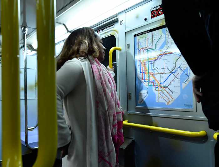 woman looking a subway map on a NYC subway