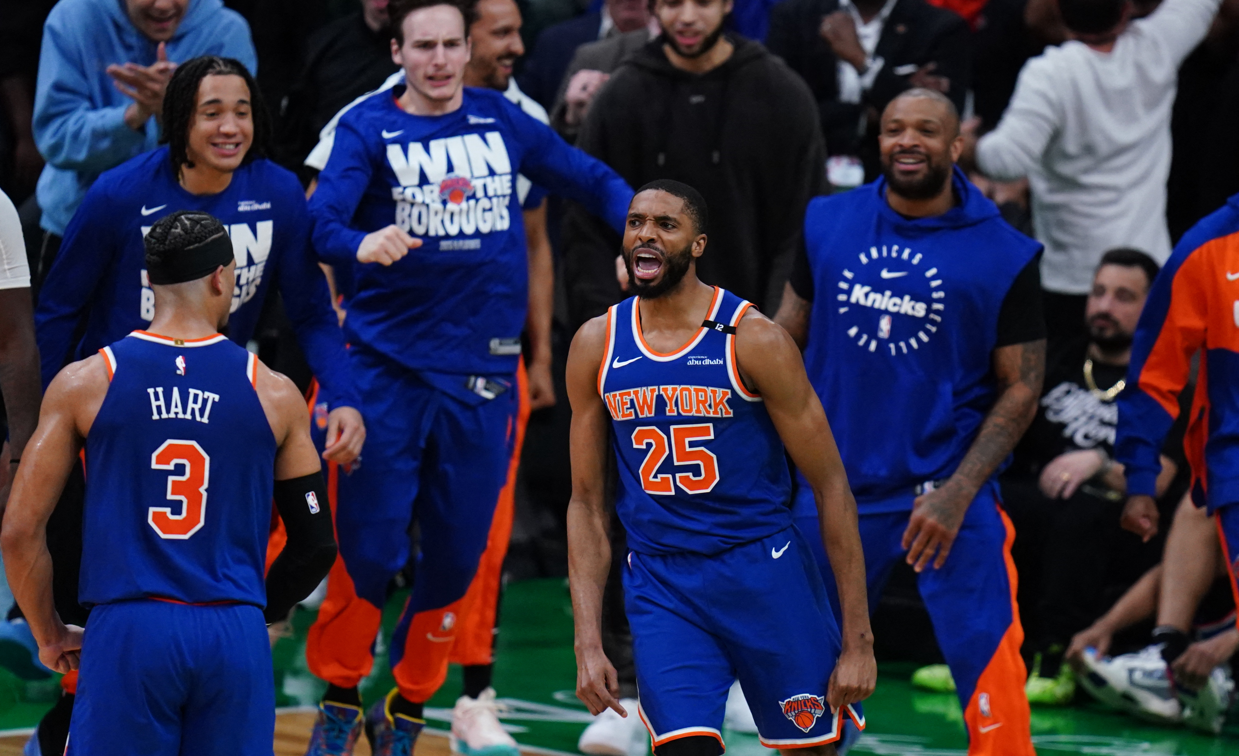 Mikal Bridges Knicks celebrate Game 1 Celtics