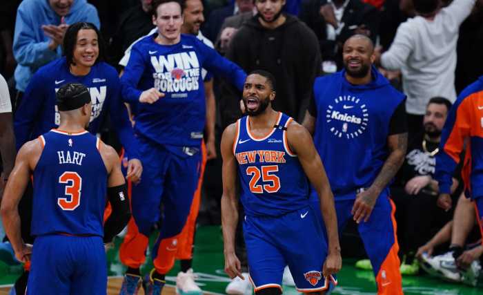 Mikal Bridges Knicks celebrate Game 1 Celtics