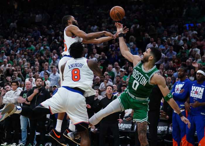 MIkal Bridges OG Anunoby block Jayson Tatum Game 2 Knicks Celtics