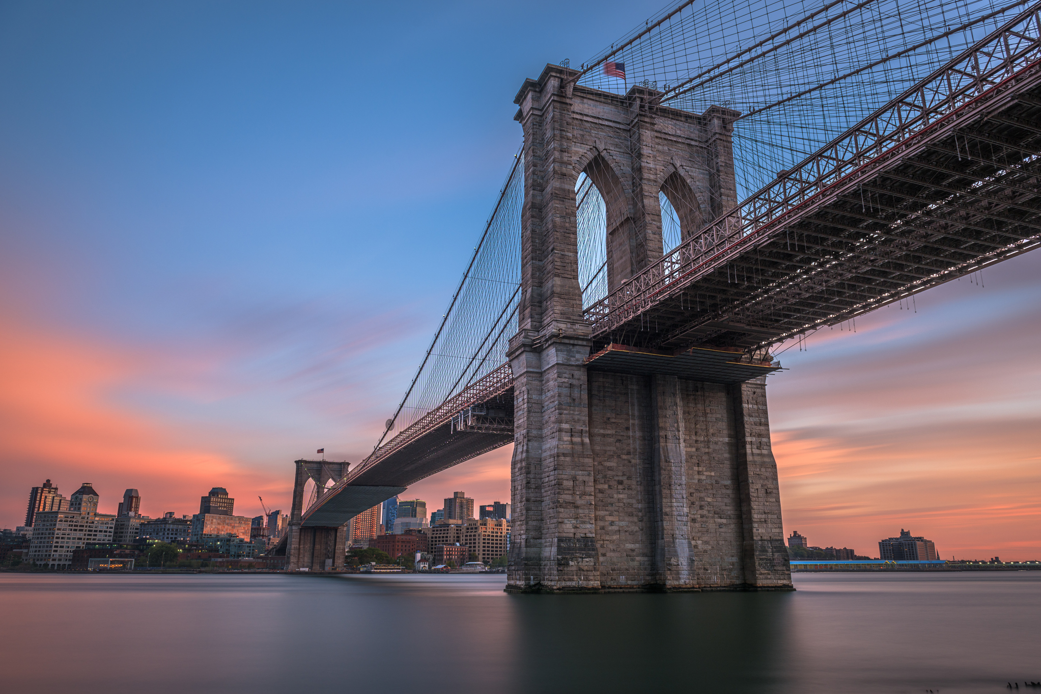Brooklyn Bridge, New York City, USA at dusk.