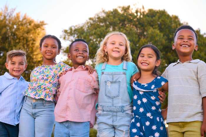 Portrait Of Multi-Cultural Primary Or Elementary School Student Friends Standing Outdoors