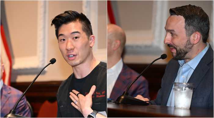Two of the three Democratic candidates turned out Wednesday night for PoliticsNY's forum, (Left) Dr Calvin Sun (R) City Council Member Keith Powers