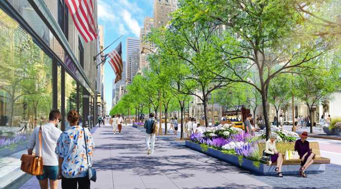 A rendering shows the proposed pedestrian-focused redesign of 5th Avenue between Bryant Park and Central Park, featuring widened sidewalks, new trees, seating areas and stormwater infrastructure