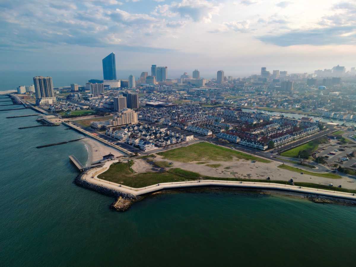 An aerial shot of the Atlantic City skyline.