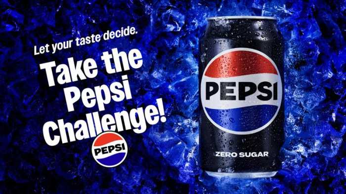 a promotional concept for the Pepsi Challenge, which says "Let your taste buds decide, take the pepsi challenge!" next to a can of pepsi zero.