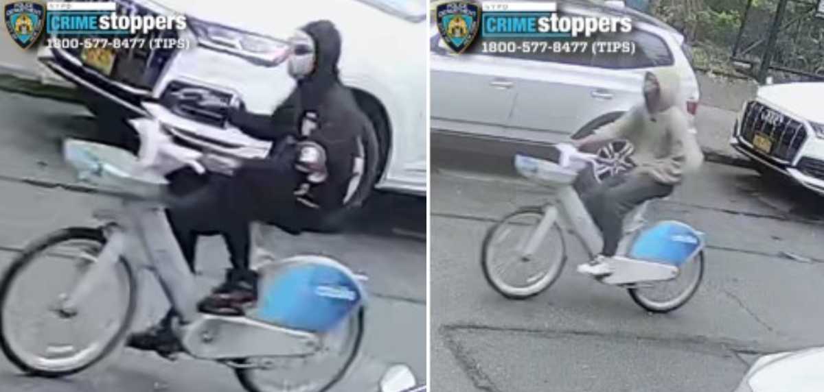 two people riding Citi Bikes in the Bronx