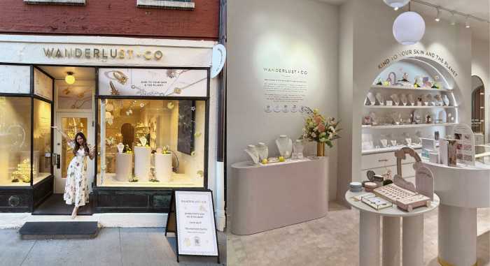 Jenn low (left) in front of Wanderlust + Co in New York City, on the right is the interior of the store