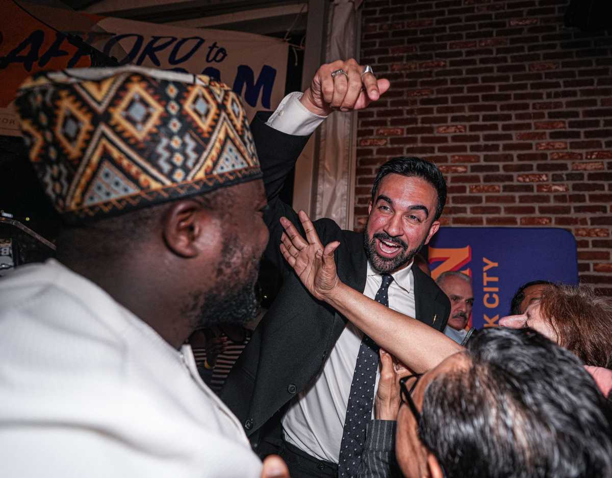 Queens Assembly Member Zohran Mamdani with family and supporters after his apparent win in the 2025 Democratic mayoral primary on June 25, 2025.