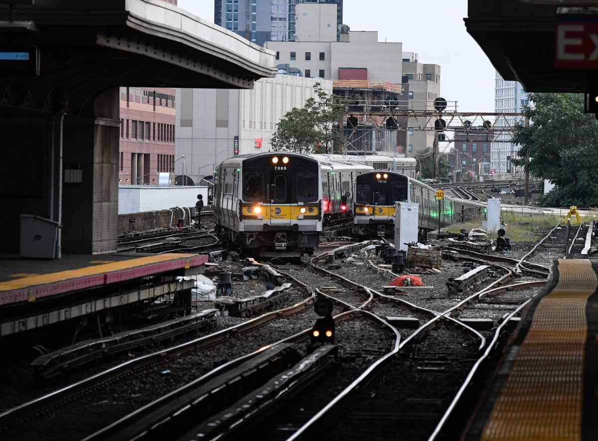 MTA LIRR trains pulling into Jamaica station