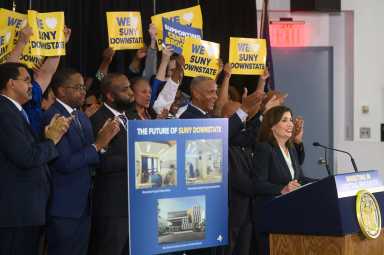 overnor Kathy Hochul announces major health care investments for Central Brooklyn at SUNY Downstate Health Science Education Building in Brooklyn.