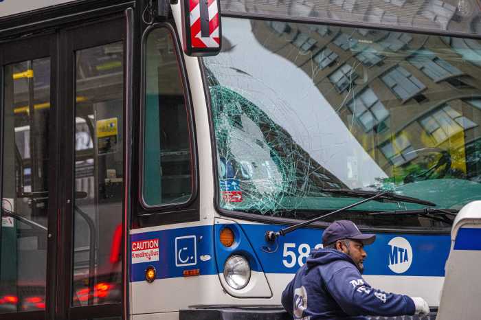 an MTA bus with a broken windshield in Gramercy manhattan