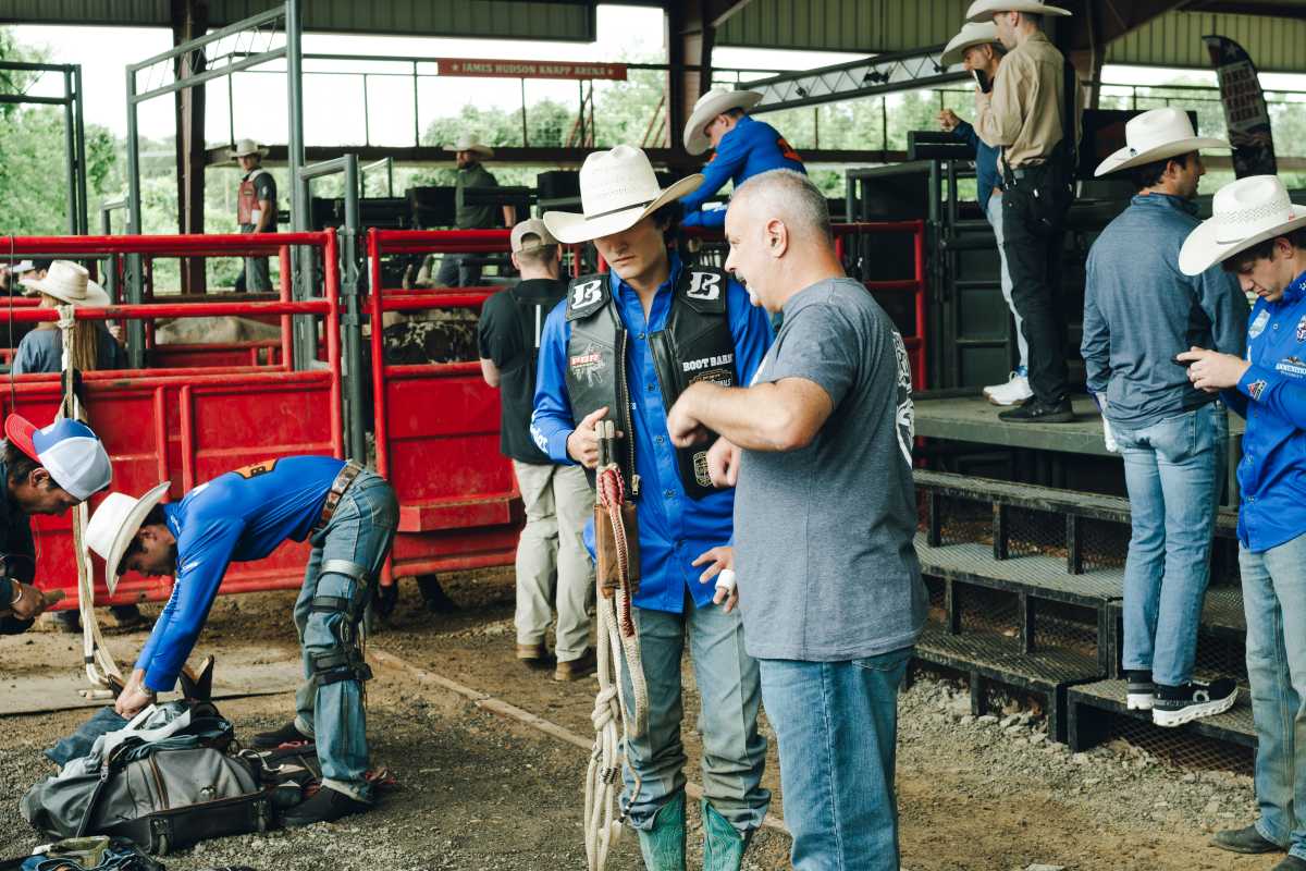 The team gears up to practice riding bulls.