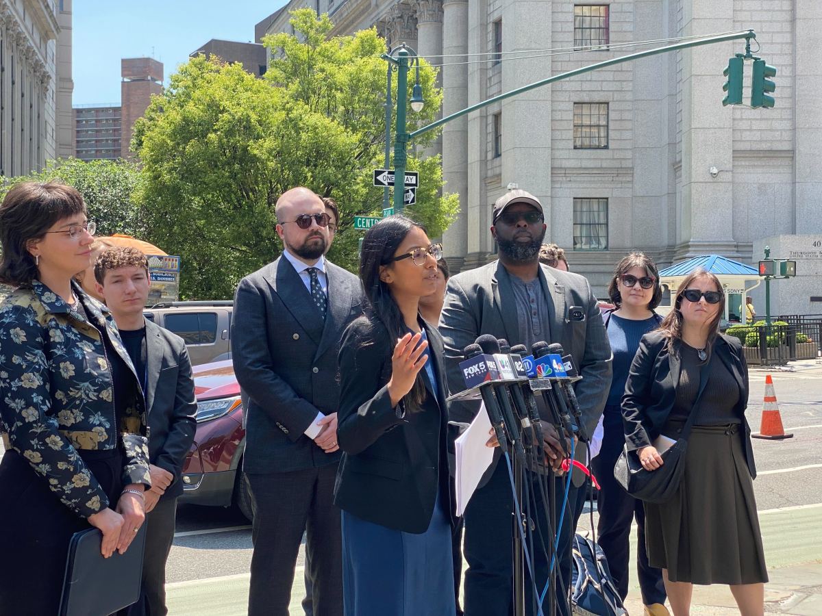 ICE to stay off Rikers Island for another week as legal battle continues 4 Meghna Philip, Director of Special Litigation at the Legal Aid Society, speaks outside the courthouse after arguing in support of the City Council’s case. Philip submitted an amicus brief and warned the court that that it can't offered to wait for harms to occur