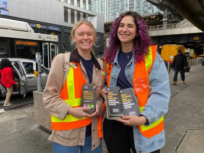 Countdown to Queens bus network redesign launch continues with customer ambassadors at bus stops 2 two woman standing on a Queens sidewalk