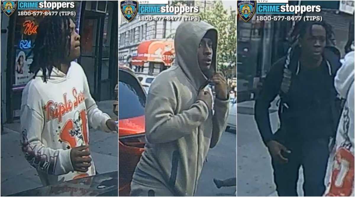 The NYPD is seeking the public’s help identifying these three individuals, who are wanted in connection with the June 4 assault on a scooter rider in Downtown Brooklyn.