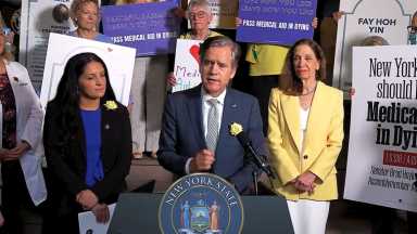State Sen. Brad Hoylman-Sigal, Assemblymember Amy Paulin and Sen. Jessica Scarcella-Spanton lead a news conference on the Million Dollar Staircase at the New York State Capitol in Albany ahead of Monday's vote.