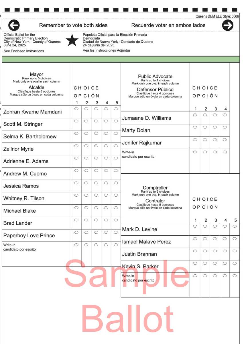 Sample of a ranked-choice voting ballot in the 2025 Democratic primary for NYC. 