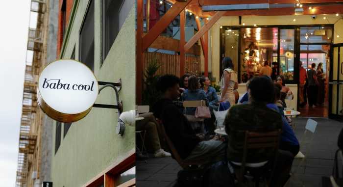 (left) the baba cool sign, (right) baba cool's outdoor dining space filled with people
